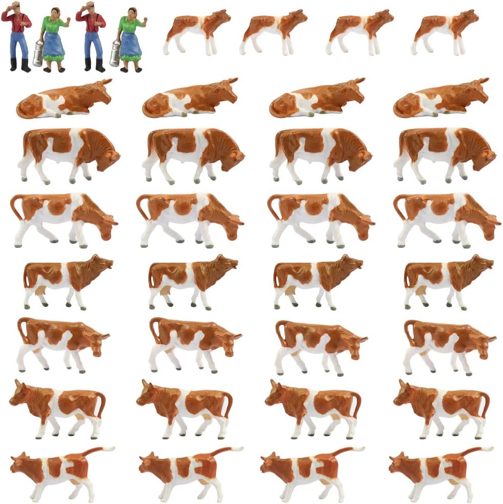 Farm Animals Figure Set,AN8705 36PCS 1:87 Well Painted Model Cows and Figures for HO Scale Model Train Scenery Layout Miniature Landscape New