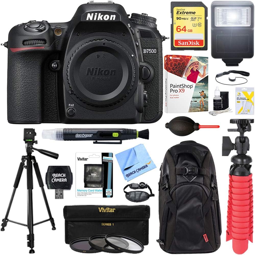 Nikon 1571 D7500 20.9MP DX-Format 4K Ultra HD Digital SLR Camera Body Bundle with 64GB Memory Card, Backpack, Flash, Cleaning Pen, Paintshop Pro, 58mm Filter Kit and Accessories (10 Items)