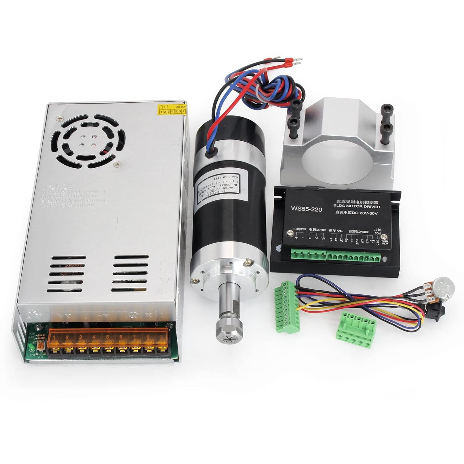 RATTMMOTOR DC Brushless Spindle Motor Kit, 500W 48V Spindle Motor Air Cooled ER11, 12000RPM, 0.6N.m, 55MM+BLDC Driver Motor Speed Controller 600W Spindle Power Supply+Clamp Mount for CNC Router