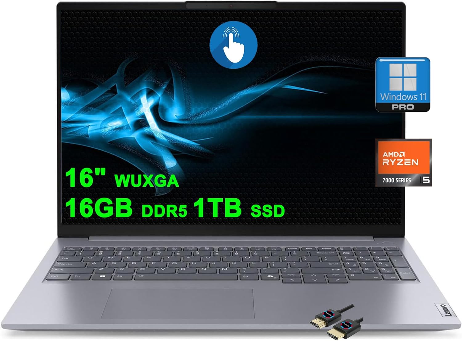 Lenovo ThinkBook 16 G7 Business Laptop | 16″ WUXGA Anti-Glare Touch | AMD 6-core Ryzen 5 7535HS (>i7-11800H) | 16GB DDR5 1TB SSD | Backlit Fingerprint USB-C FHD Privacy Camera Win11Pro + HDMI Cable