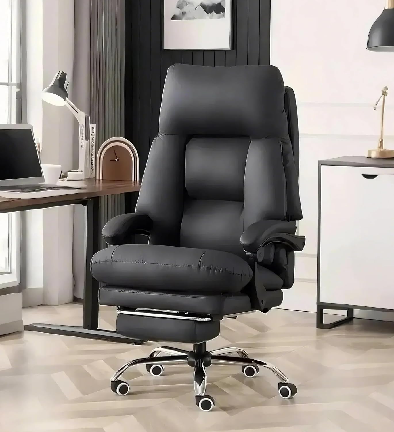 Office Desk Chair, Big and Tall Executive Office Chair 450LBS with Footrest, Ergonomic Reclining Leather Computer Chair, High Back with Lumbar Support, Large Home Office Chair (black1)