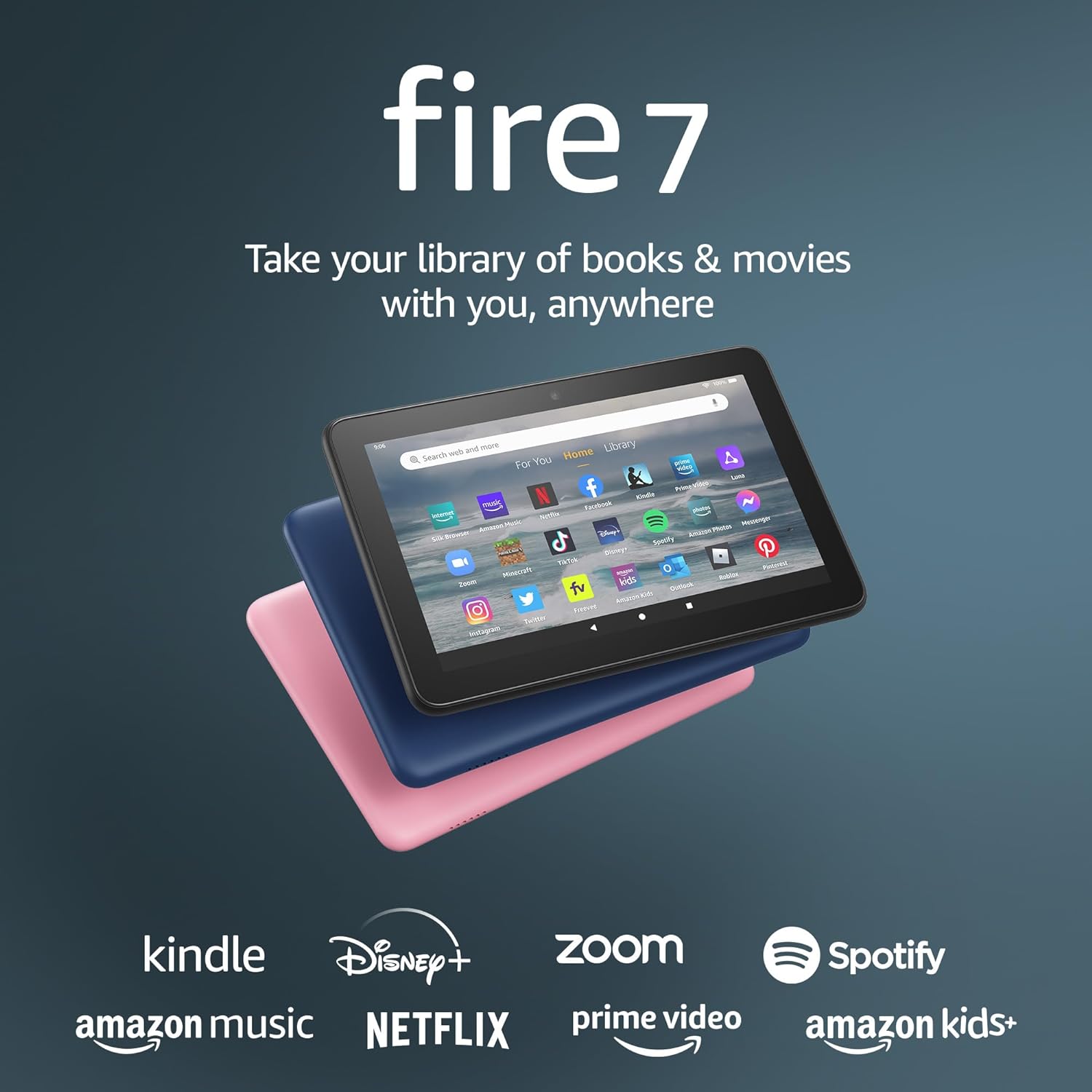 Amazon Fire 7 tablet (newest model) 7” display, read and watch, under $80 with 10-hour battery life, 16 GB, Denim, without lockscreen ads