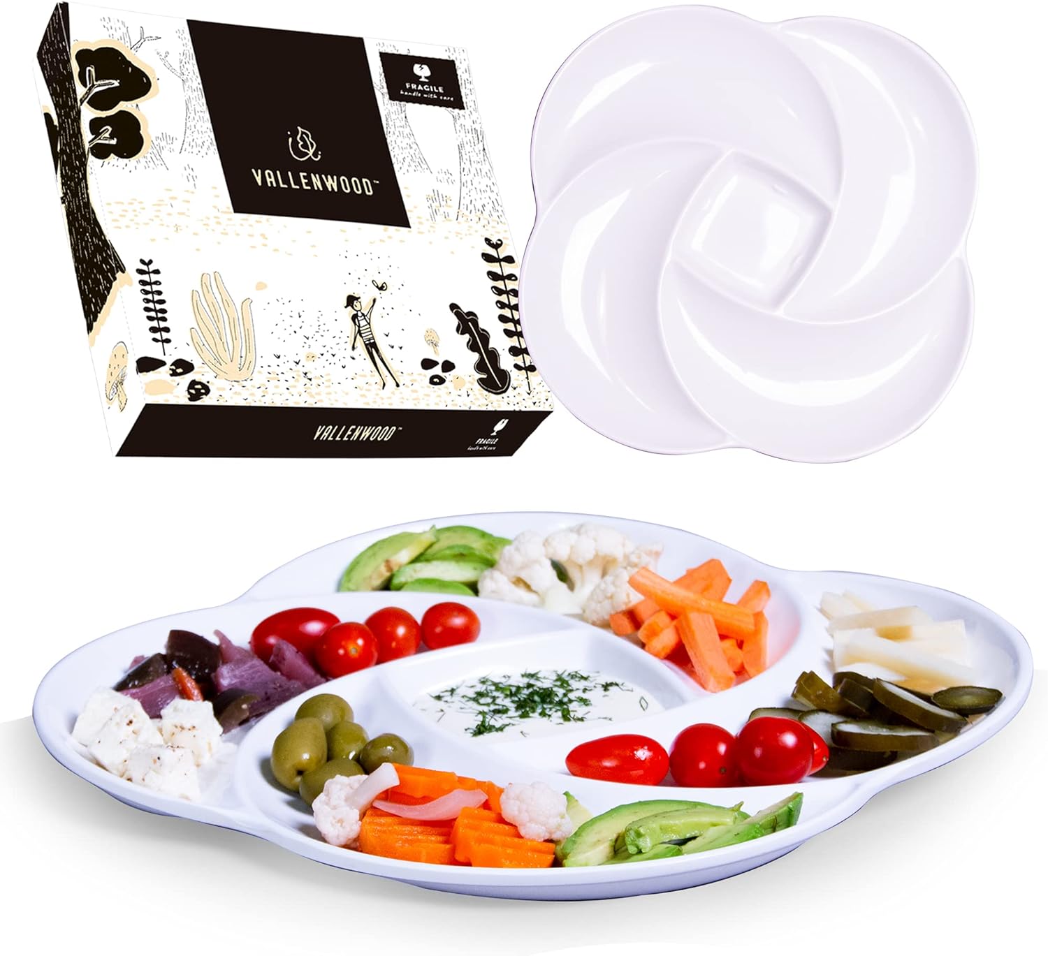 Ecology Reusable Non-Disposable White Veggie Tray for Partys. Unbreakable Melamine Not Plastic. Appetizer Sectioned Platter. Vegetables Fruits. Chip and Dip Serving Dish for entertaining. (2, White)