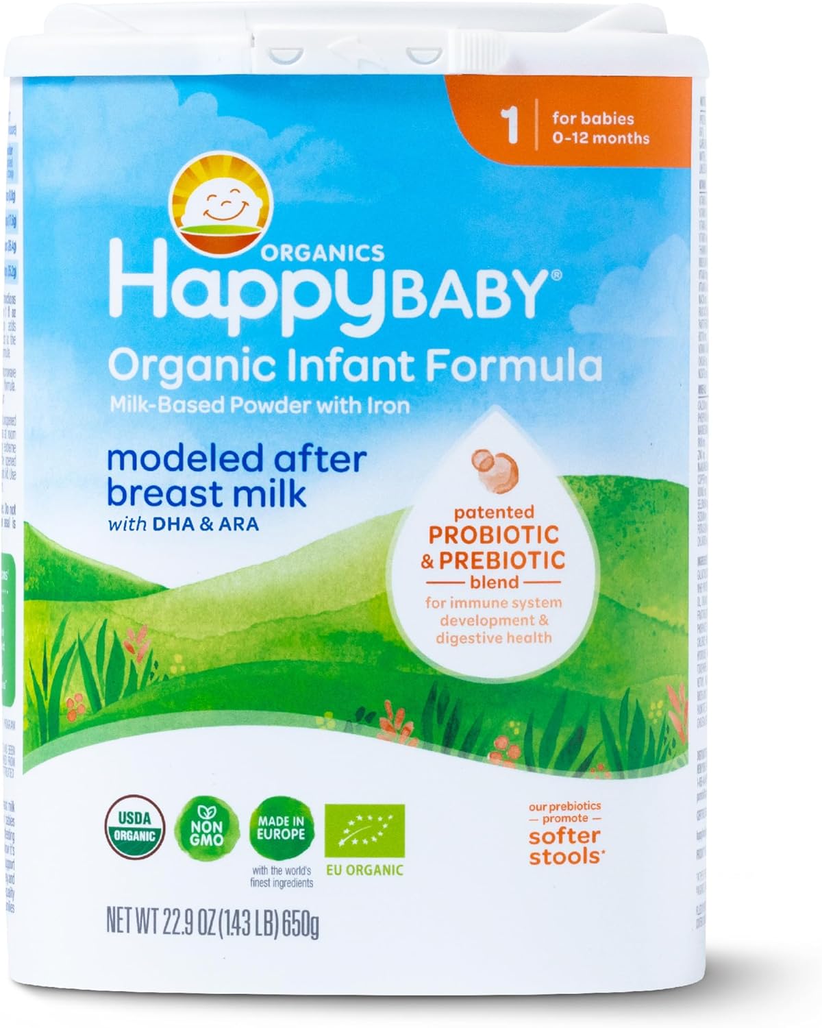 Happy Baby Organics Stage 1 Infant Formula, 0-12 Months, Milk Based Organic Baby Formula Powder with Iron, Probiotics & Prebiotics for Immune & Digestive Support, 22.9 Ounce (Pack of 1)