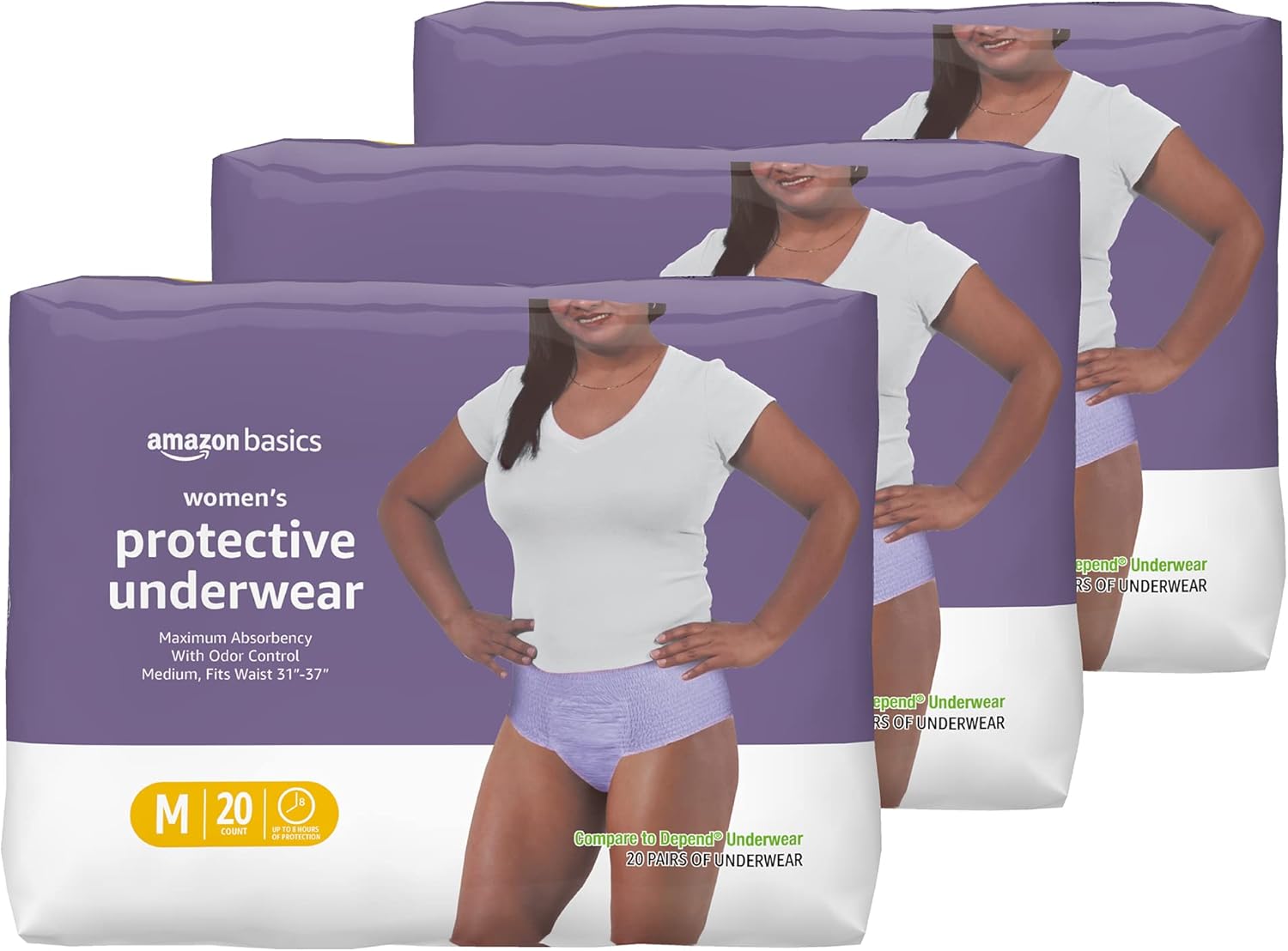 Amazon Basics Women’s Protective Underwear, Incontinence & Postpartum, Maximum Absorbency, Medium, Lavender, 60 Count, (3 Packs of 20)