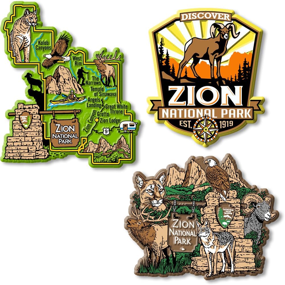 Zion Set of 3 Magnets by Classic Magnets, Collectible Souvenirs Made in The USA