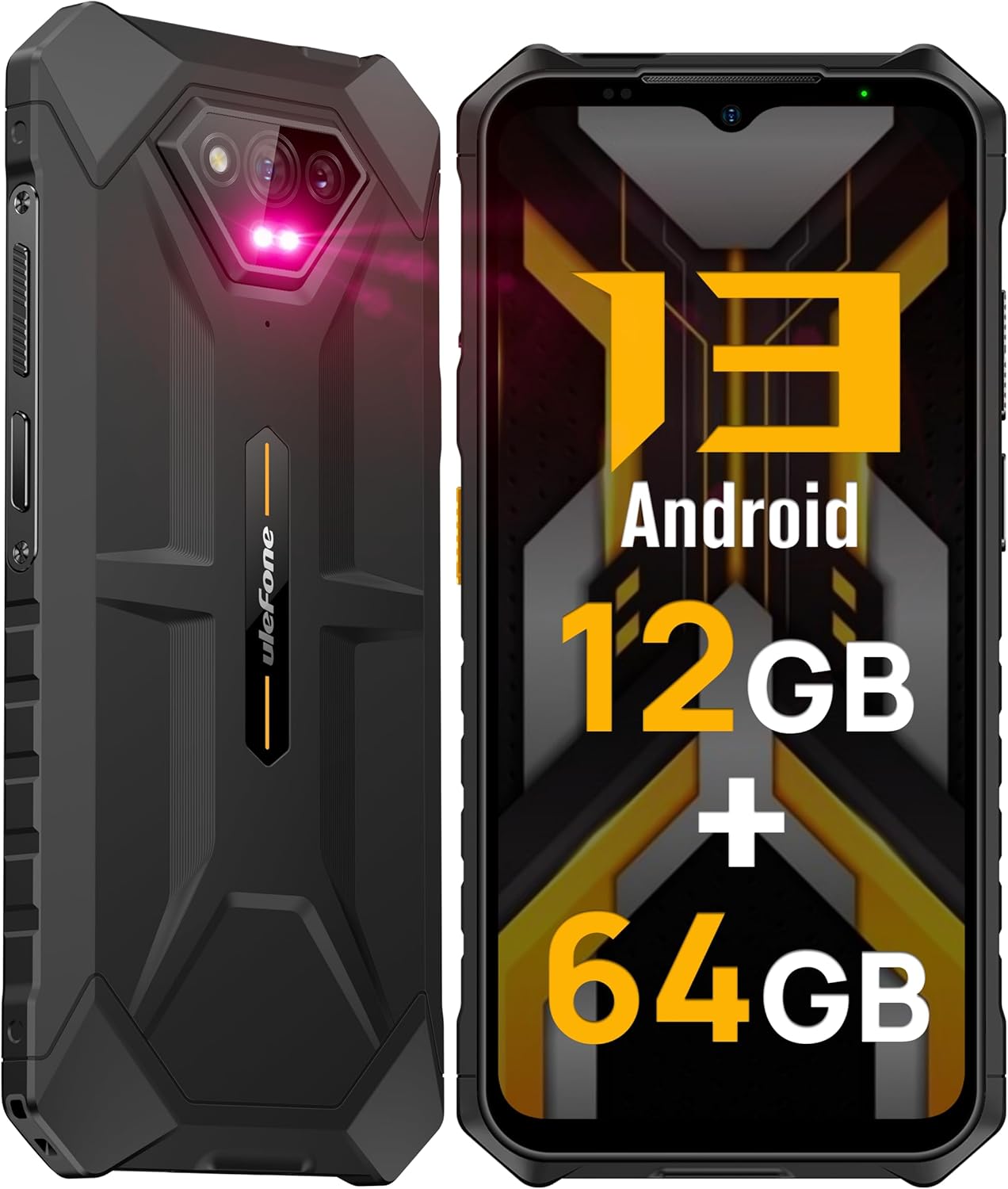 Ulefone Armor X13 Rugged Phones 2023, 50MP Rear Camera, 24MP Night Vision Camera, Up to 12GB RAM, 64GB ROM, 6320mAh, Android 13, IP68/IP69K Unlocked Smartphone, 4G LTE Cell Phone (Black)