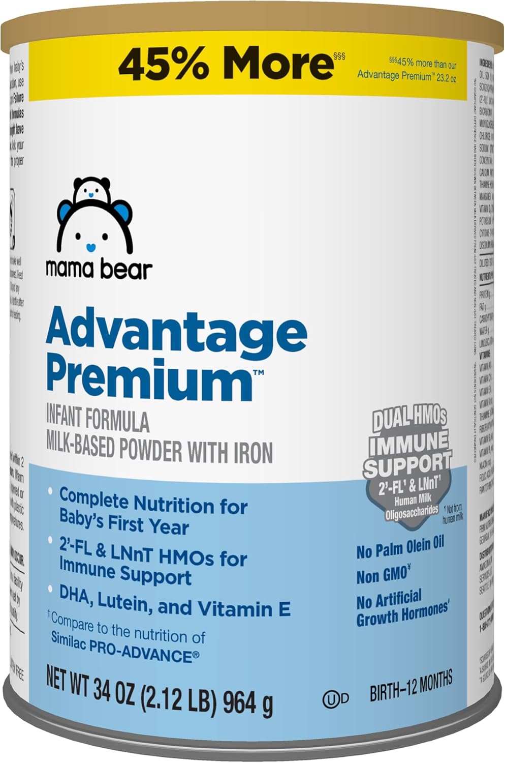 Amazon Brand – Mama Bear Advantage Premium Baby Formula Powder, 2′-FL HMO, LNnT HMOs for Immune Support, Non-GMO, 34 oz (Pack of 1)