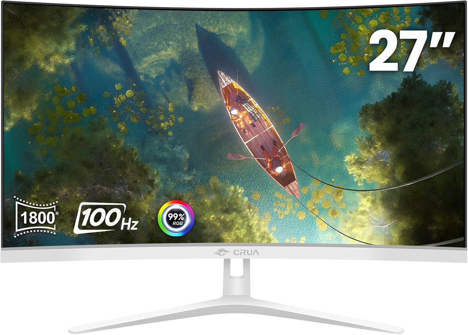 CRUA 27″ Curved White Monitor, Full HD(1920x1080P) VA Panel 1800R 100HZ 99% sRGB Professional Computer Monitors, 3Sides Frameless, Flicker-Less,Blue Light Filter, for Office & Gaming.(VGA, HDMI)