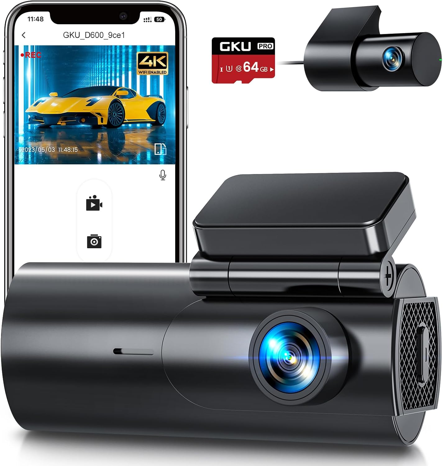 GKU Dash Cam Front and Rear Camera, 4K/2.5K Full Dashcams for Cars with 64GB SD Card, WiFi & App Control, Night Vision, Parking Mode, G-Sensor, Loop Recording,WDR,170° Wide Angle (D600)