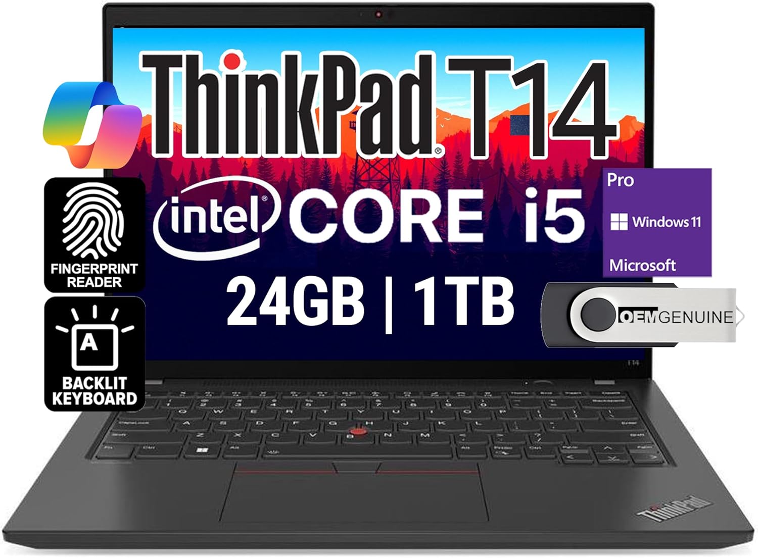 Lenovo ThinkPad T14 Gen 4 FHD+ 14” Display Business Laptop, Intel 10 Core i5-1335U (Beats i7-1270P), 24GB RAM, 1TB NVMe, WiFi 6E, BT, Backlit KB, FP, HD Webcam, Black, Win 11 Pro w/USB Drive