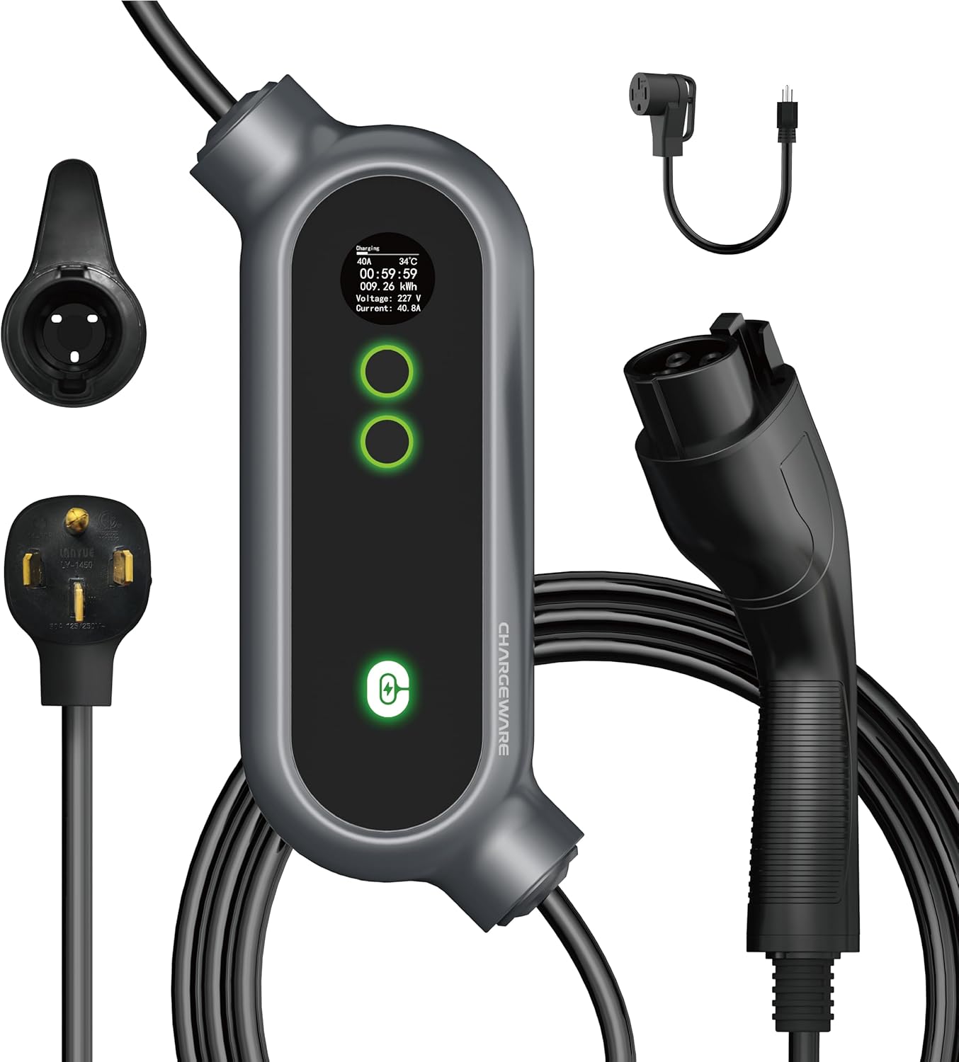 Level 2 240V/40A Fast EV Charger, ETL/FCC/Energy Star Certified, 24ft Cable, Wall Mount and Portable, 14-50R to 5-15P Adapter, LCD Screen, Indoor/Outdoor Charging Station, Dark Gray