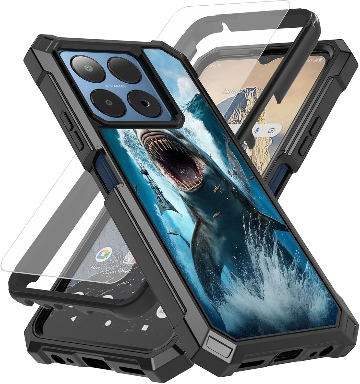 for Summit 5g Phone Case with Screen Protector Tempered Glass,Slim TPU Rugged Corners Men Women Bumper Cover Case for Boost Mobile Summit 5G- Shark Surfing Cool Animal