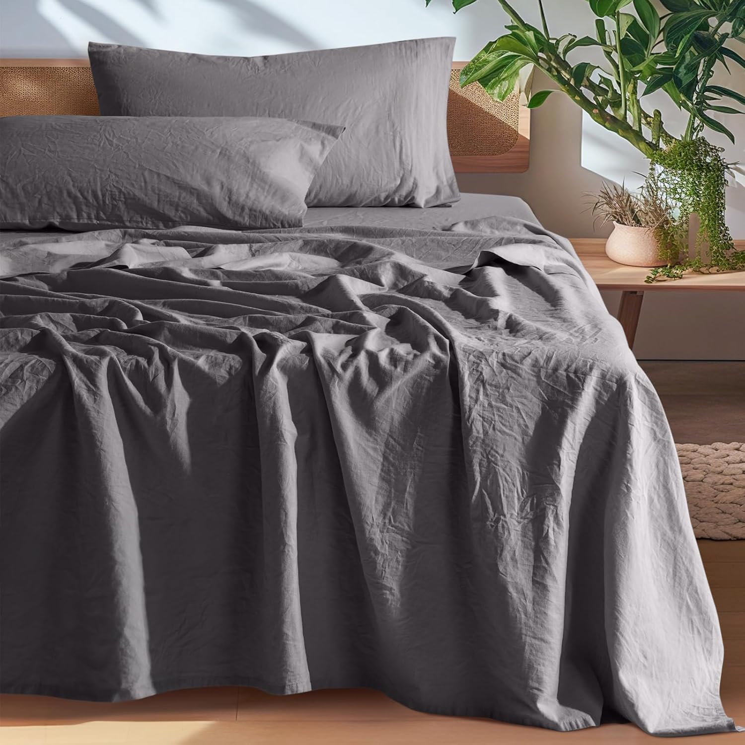 SONORO KATE 100% French Pure Linen Sheets, Breathable and Durable Line Queen Size Sheets, Anti-Tear Line Bed Sheets, Machine Washable, 16 Inch Deep Pocket – 4 Piece (Dark Grey, Queen)