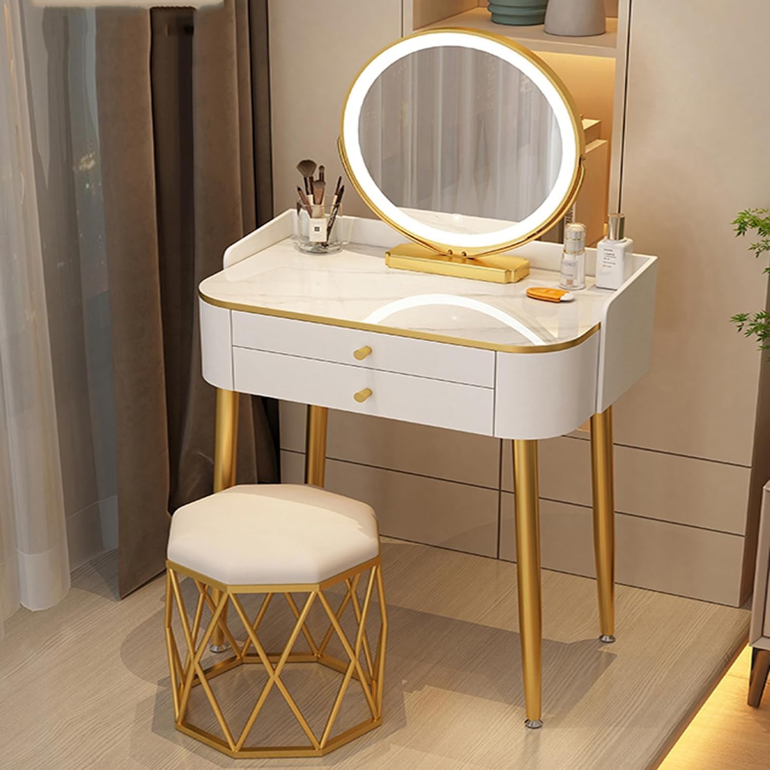 Vanity Table 360° Rotatable Dressing Table 3 Color Lighting Modes and Touch Screen Vanity Set with Drawers Home Makeup Table (White 50cm)