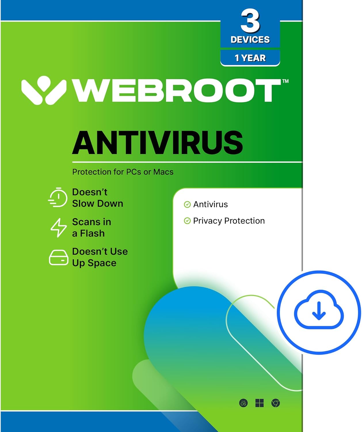 Webroot Antivirus Software 2025 | 3 Device | 1 Year Download for PC/Mac