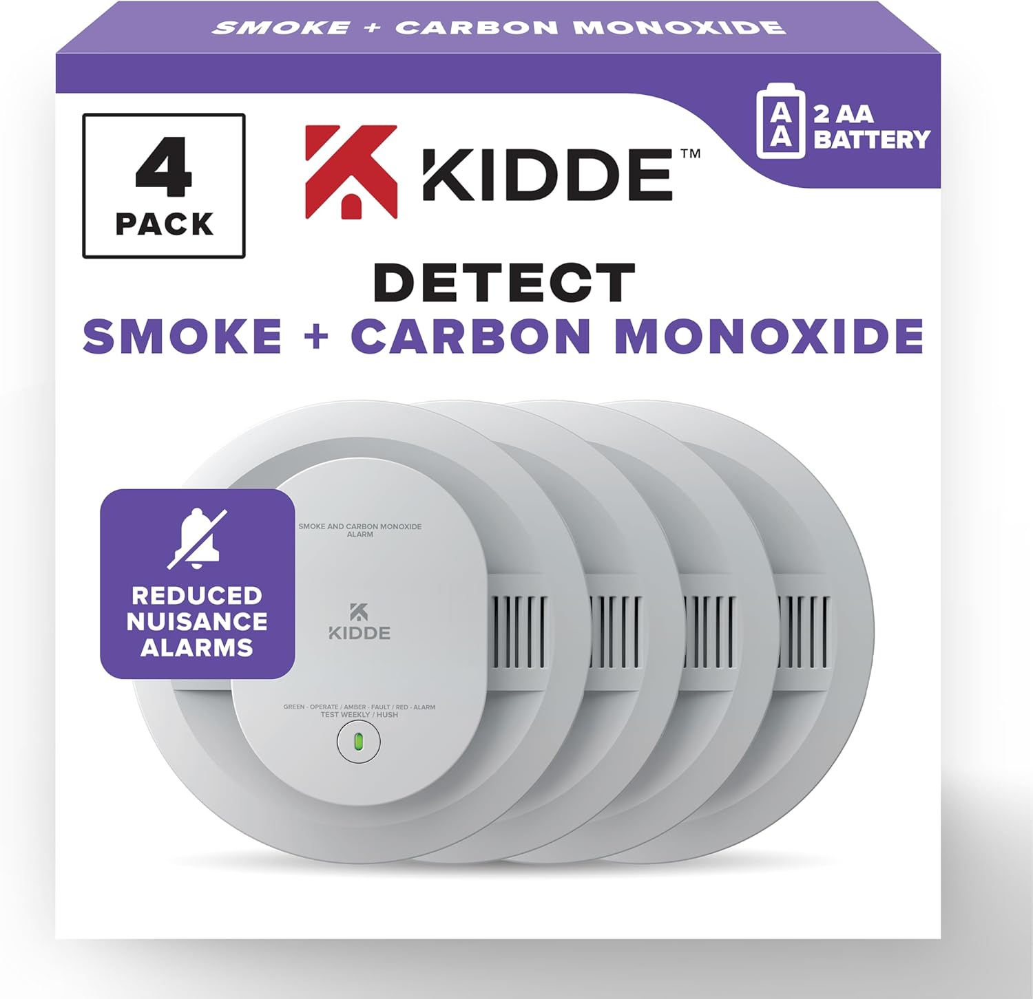 Kidde Smoke & Carbon Monoxide Detector, AA Battery Powered, LED Warning Light Indicators, 4 Pack