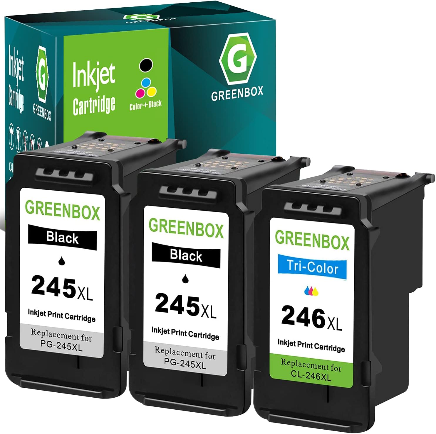 GREENBOX 245XL 246XL Ink Cartridgs Black/Tri-Color Replacement for Canon PG-245XL CL-246XL Ink Cartridges for PIXMA TR4520 TS202 TS302 TS3320 MG2522 MG2525 MX490 MX492 IP2820 Printer 245 246 | 3 Pack