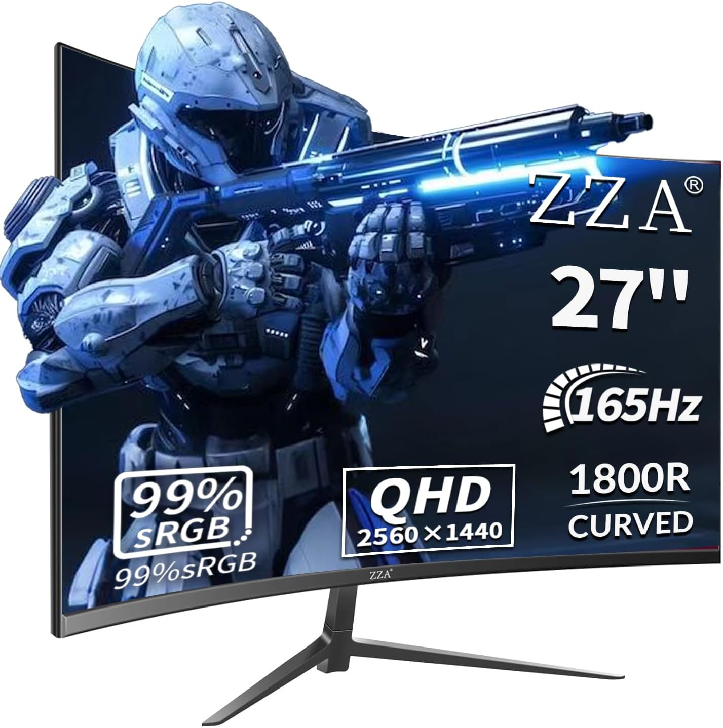 ZZA 27 Inch QHD 2560 x 1440 Gaming Monitor 165Hz 1ms Fast IPS Computer Monitor,1800R, HDMI 2.0 x2 |DP1.4×2 VESA Mount, 99% sRGB HDR Eye Care Metal Stand