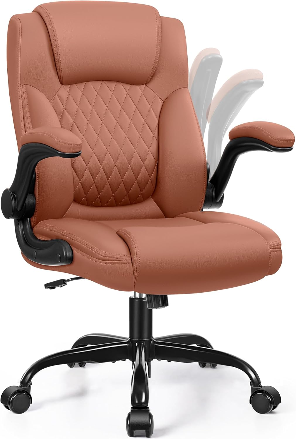 Leather Office Chair, PU Home Computer Desk Chairs with Ergonomic Back Support, 360°Swivel Free，Small Gmaing Chair with Wheels and Adjustable Armrests, for Short People Use, Brown