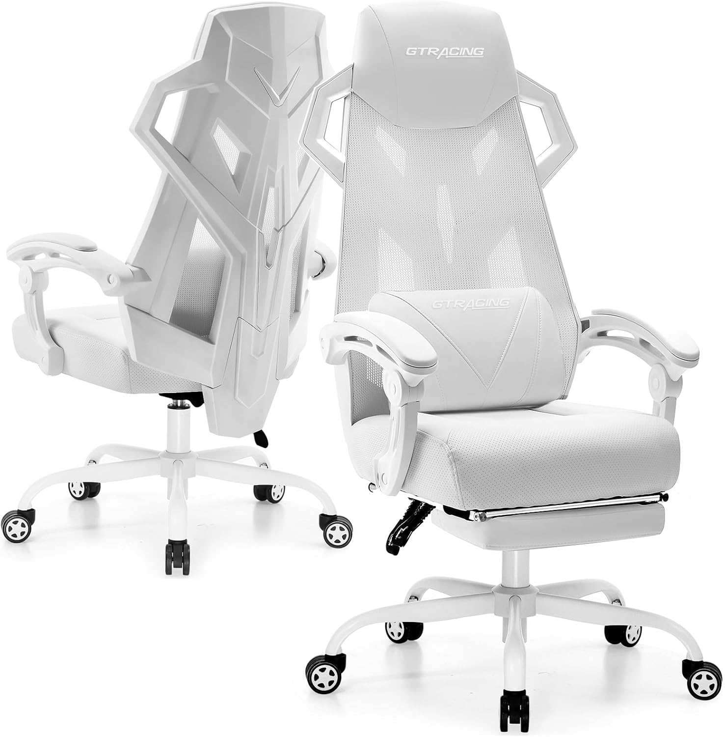 GTRACING Gaming Chair, Computer Chair with Mesh Back, Ergonomic Gaming Chair with Footrest, Reclining Gamer Chair with Adjustable Headrest and Lumbar Support for Gaming and Office (White)