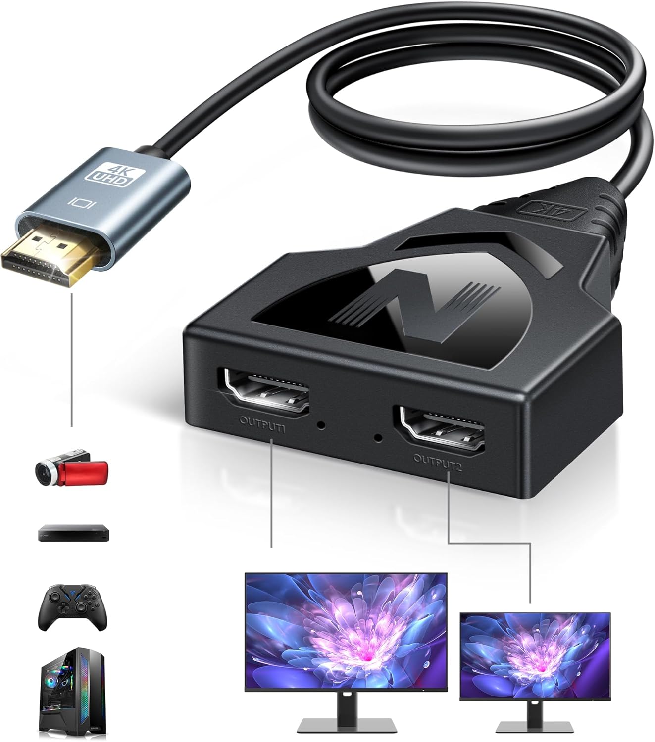 HDMI Splitter Adapter Cable 4K, HDMI Splitter 1 in 2 Out One Male to Dual Female Support Different Size TV Mirror Input Screen at The Same Time, 1 to 2 Way HDMI Splitter for HDMI HD, LED, LCD, TV, 3D