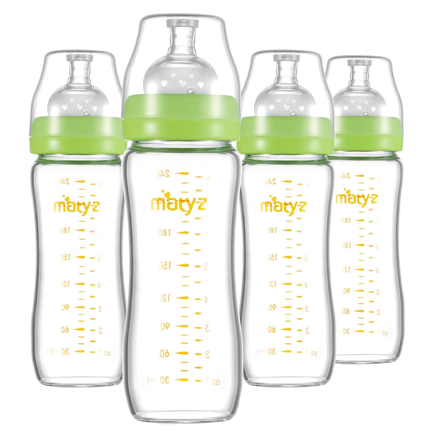 Matyz Glass Breastmilk Baby Feeding Bottle with Nipple, 4 Pack, 8 oz Slim and Light Bottle Easy to Hold, Food Grade Borosilicate Glass, Wide Neck Easy to Clean, No BPA (Green Lids)