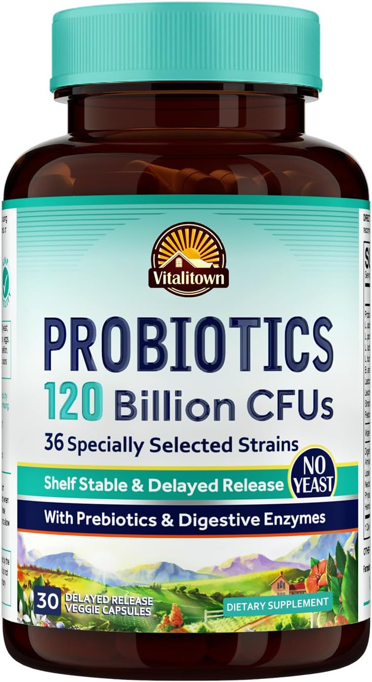 VITALITOWN Probiotics 120 Billion CFUs | 36 Strains, with Prebiotics & Digestive Enzymes for Men Women | Shelf Stable | Digestive Health & Immune Support | Vegan, Non-GMO | 30 Delayed Release Veg Caps