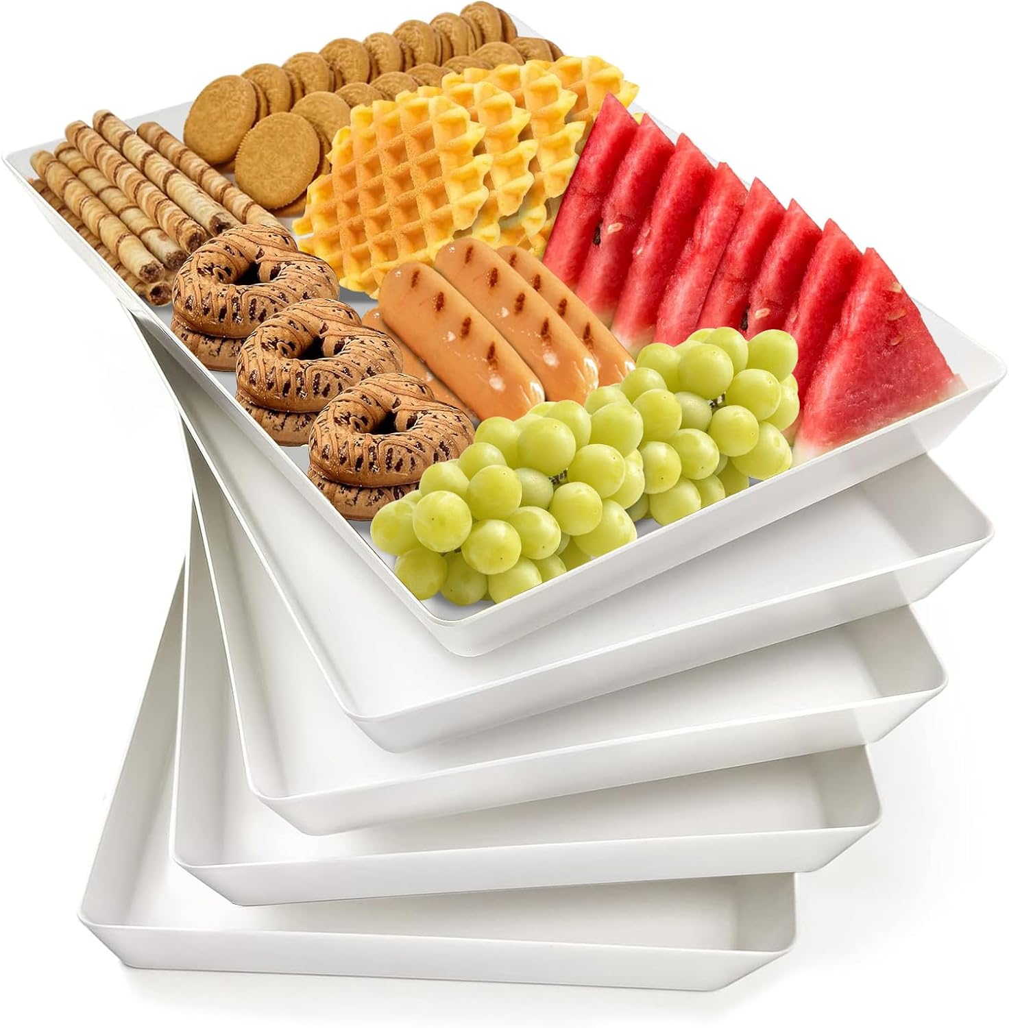 LIMOEASY 5-Pack Serving Tray, White Serving Platters and Trays for Party, Reusable Plastic Trays for Serving Food for Entertaining, Stackable Kitchen Tray for Veggie, Fruit, Cookies, Desserts, Snack