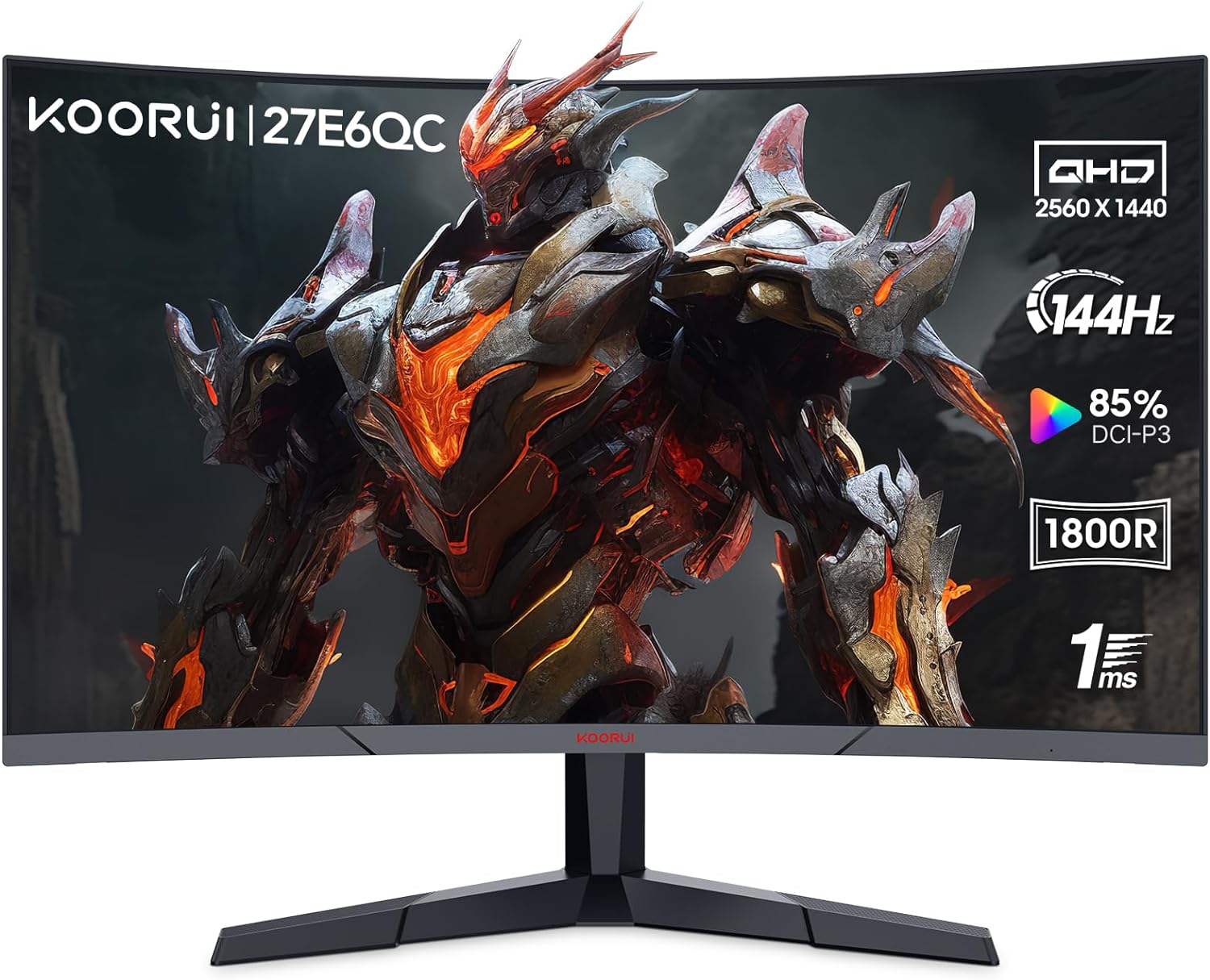 KOORUI Gaming Monitor, QHD 2560P Computer Monitor, 144Hz 27 Inch Monitor (1ms, 1800R Curved VA Panel, DP1.2+HDMI*2, AdaptiveSync, Narrow Bezel with Ultra-Thin), Tilt Adjustable,Eye Care