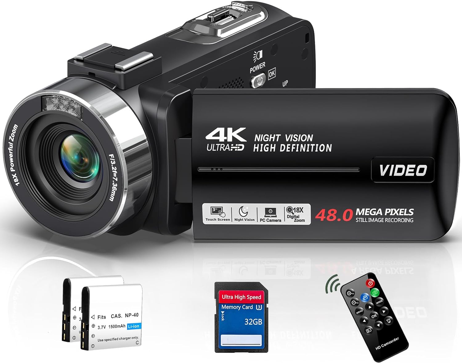 4K Video Camera Camcorder 48MP 30FPS with IR Night Vision,18X Digital Zoom Camera Recorder 3.0″ LCD Touch Screen Vlogging Camera for YouTube with Remote Control, 2 Batteries, 32GB SD Card