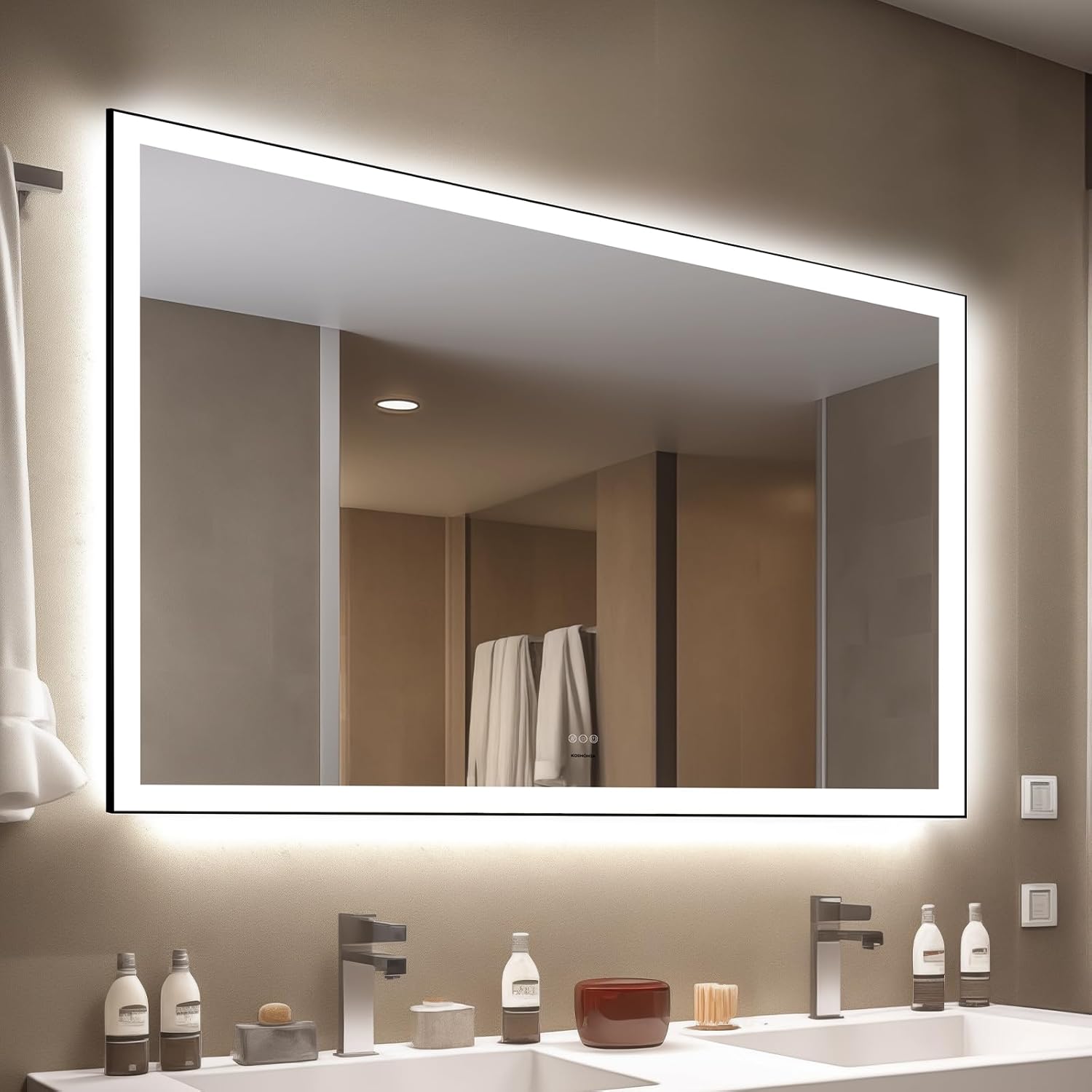 36×59 LED Bathroom Mirror w/Aluminum Frame(Front& Backlit), Built-in On/Off Control& Stepless Dimmable 3 Color Light, Anti-Fog &Distortion Free &Tempered Silver Mirror(Horizontal/Vertical)