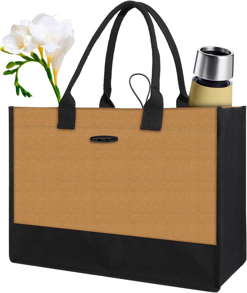 Aricsen Large Canvas Shopping Tote Bag with Handles for Women Gift Grocery Beach Holidays, Reusable Blank Clearance Eco Burlap Cloth Jute Fabric Handbag for Kitchen, Black & Brown