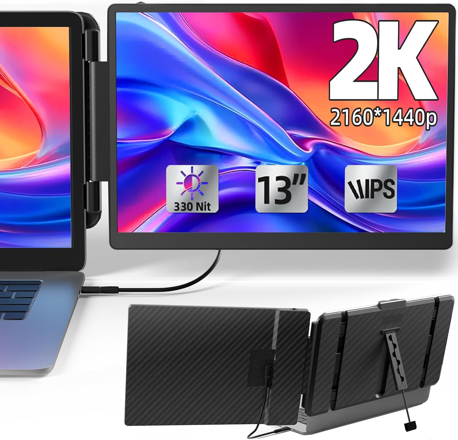 2K Laptop Monitor Extender – 13″ IPS 1440P Dual Monitor Attachment Laptop Plug & Play Multiple Screens for 13″-17″ Laptop Compatible with Wins Mac Dex Chrome Travel Work