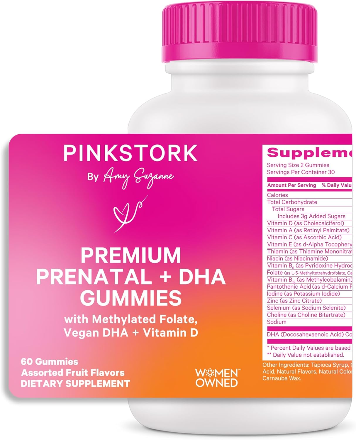 Pink Stork Premium Prenatal Gummy Vitamins with DHA, Folate, and Vitamin D – Multivitamin and Nutrient Blend for Neural Tube and Fetal Brain Development – Pregnancy Must Haves – 60 Vegan Gummies