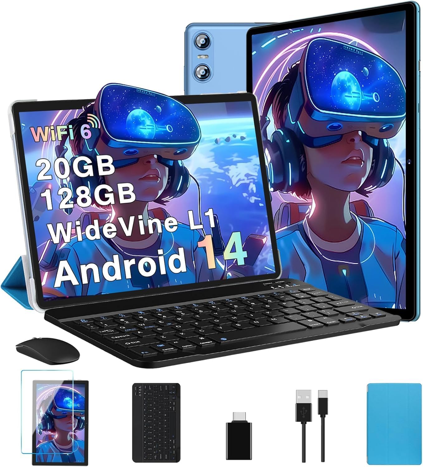 2025 Android 14 Tablet, 10 Inch Tablets 20GB RAM+128GB ROM+1TB Expand, Octa-Core Tablet with Keyboard Mouse, HD IPS Touchscreen, 6000mAh, WiFi 6, BT 5.0, Widevine L1, Face Unlock, Split Screen – Blue