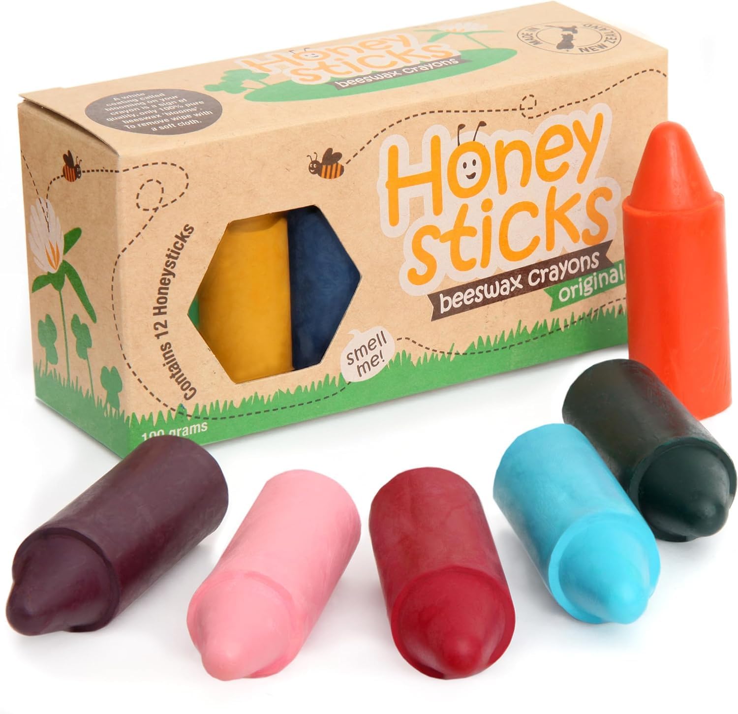 Honeysticks 100% Pure Beeswax Crayons (12 Pack) – Non-Toxic Crayons, Safe for Babies and Toddlers, For 1 Year Plus, Handmade in New Zealand with Natural Beeswax and Food-Grade Colors, Eco-Friendly.