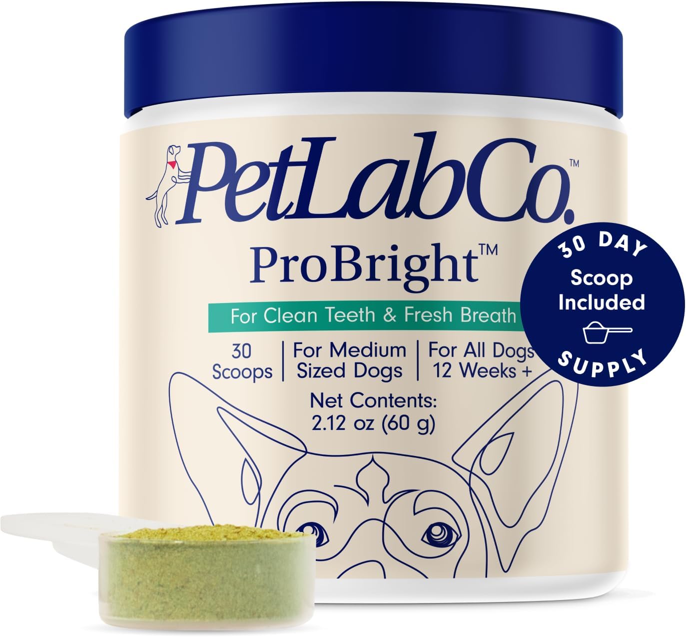 PetLab Co. ProBright Dental Powder – Dog Breath Freshener – Teeth Cleaning Made Easy – Targets Tartar & Bad Breath – Formulated for Medium Size Dogs