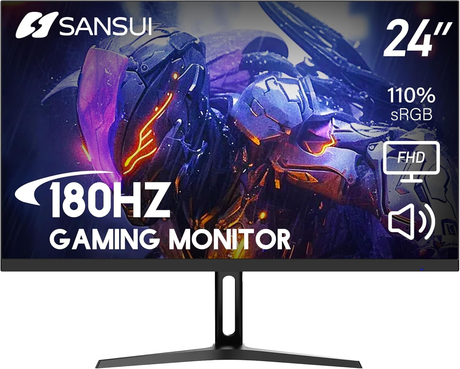 SANSUI 180Hz Monitor 24 inch PC Monitor, Computer Monitor FHD 1080p, Display Port Monitor with Built-in Speakers sRGB 110% Adaptive Sync, HDMIx2 Ports VESA Compatible Tilt Adjustable,Black