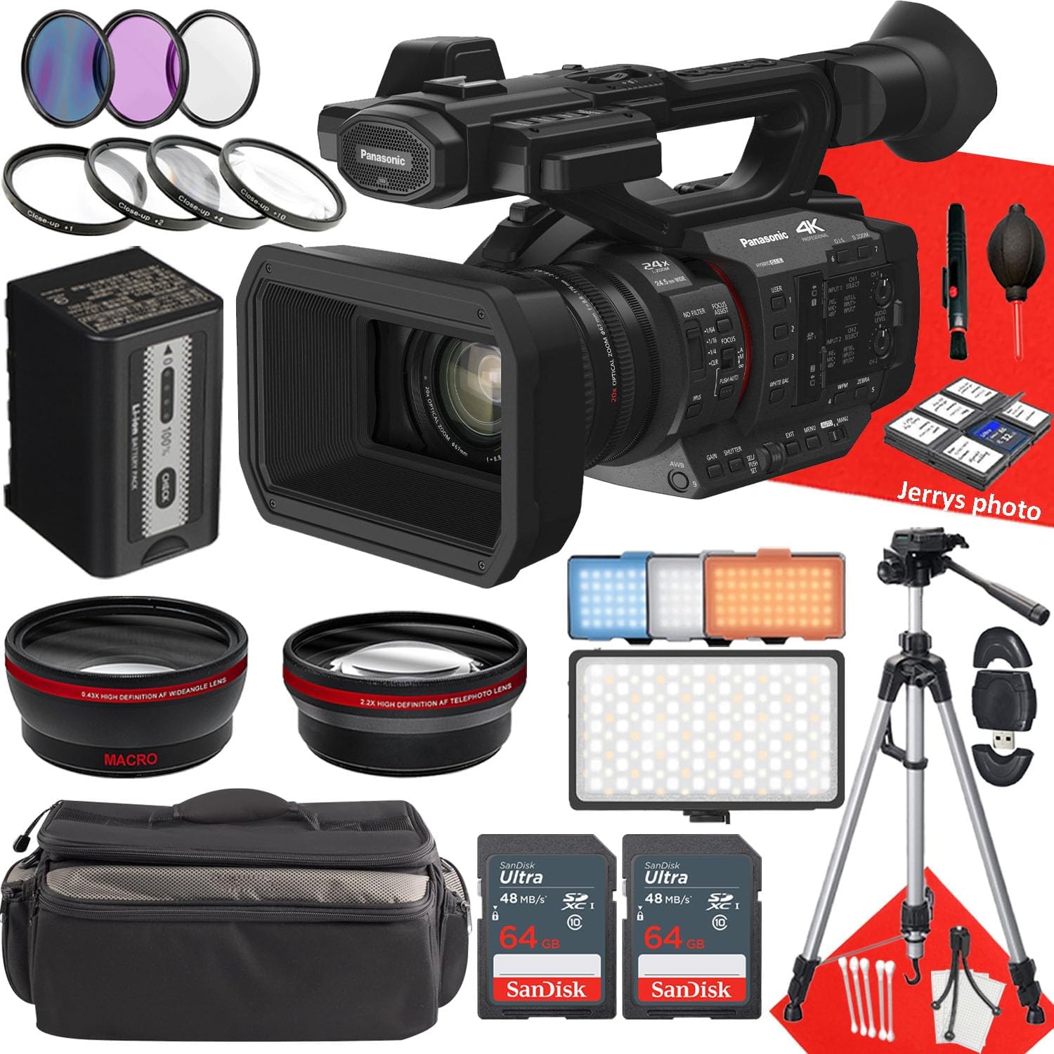 Panasonic HC-X2 4K Camcorder + 2PC 64 GB Memory + Handle Unit + Extra Battery + LED Light + Filters + Tripod + More (29pc Bundle), Black