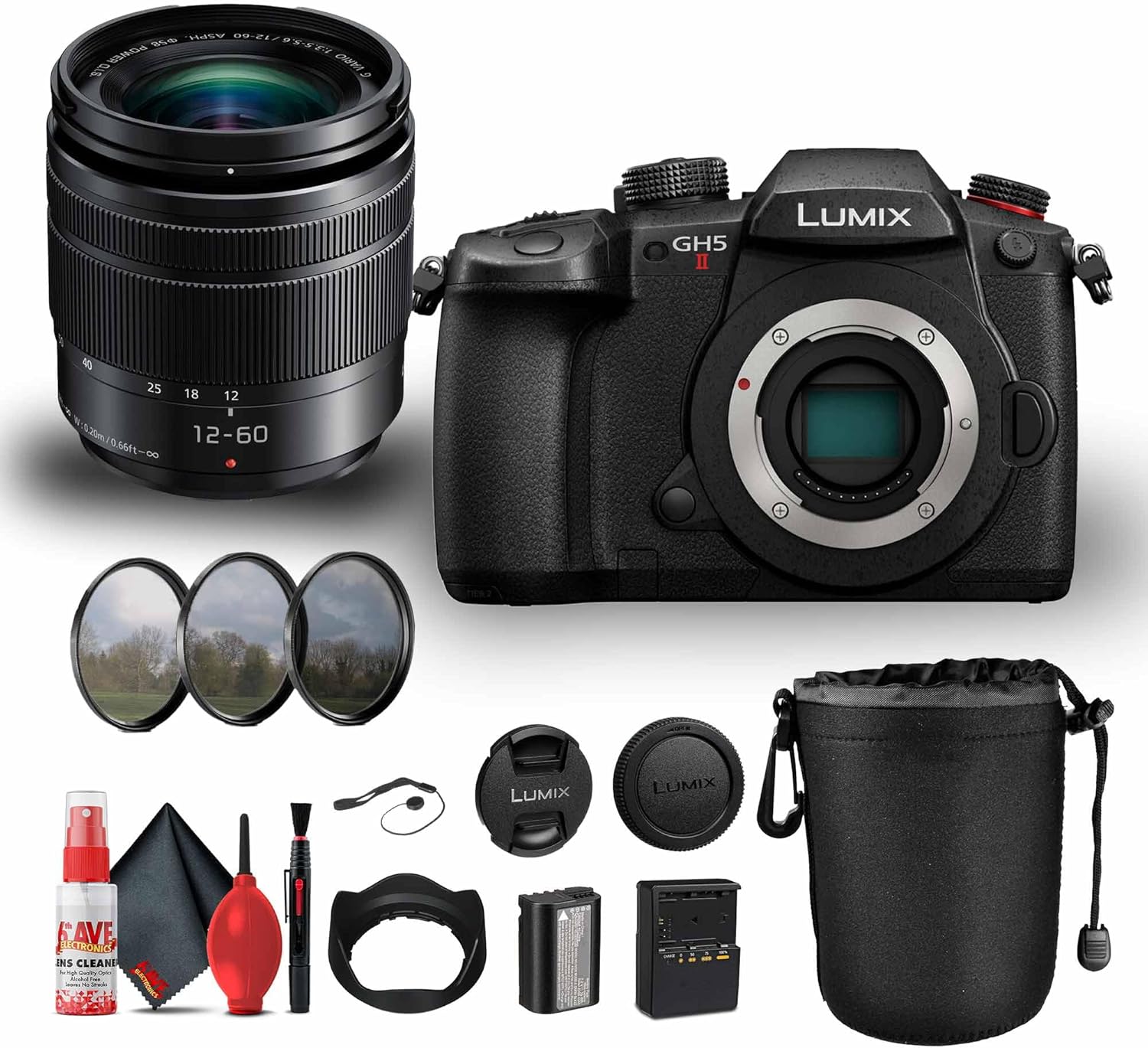 Panasonic Lumix GH5 II Mirrorless Camera with 12-60mm f/3.5-5.6 Lens (DC-GH5M2K) Bundle Including: Lens Pouch, 3-Piece Filter Kit, Battery, Battery Charger, Full Cleaning Kit, More Accessories