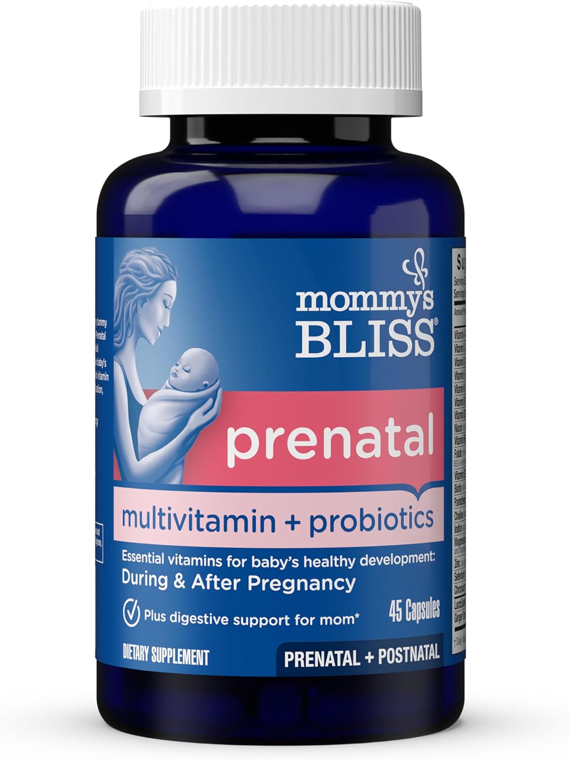 Mommy’s Bliss Prenatal Multivitamin + Probiotic for Women w/ Folic Acid, Supports Baby Development & Mom’s Digestion w/ Zinc, Vitamin B6 & B12, Ginger & Choline, Vegan & Gluten Free (45 Servings)