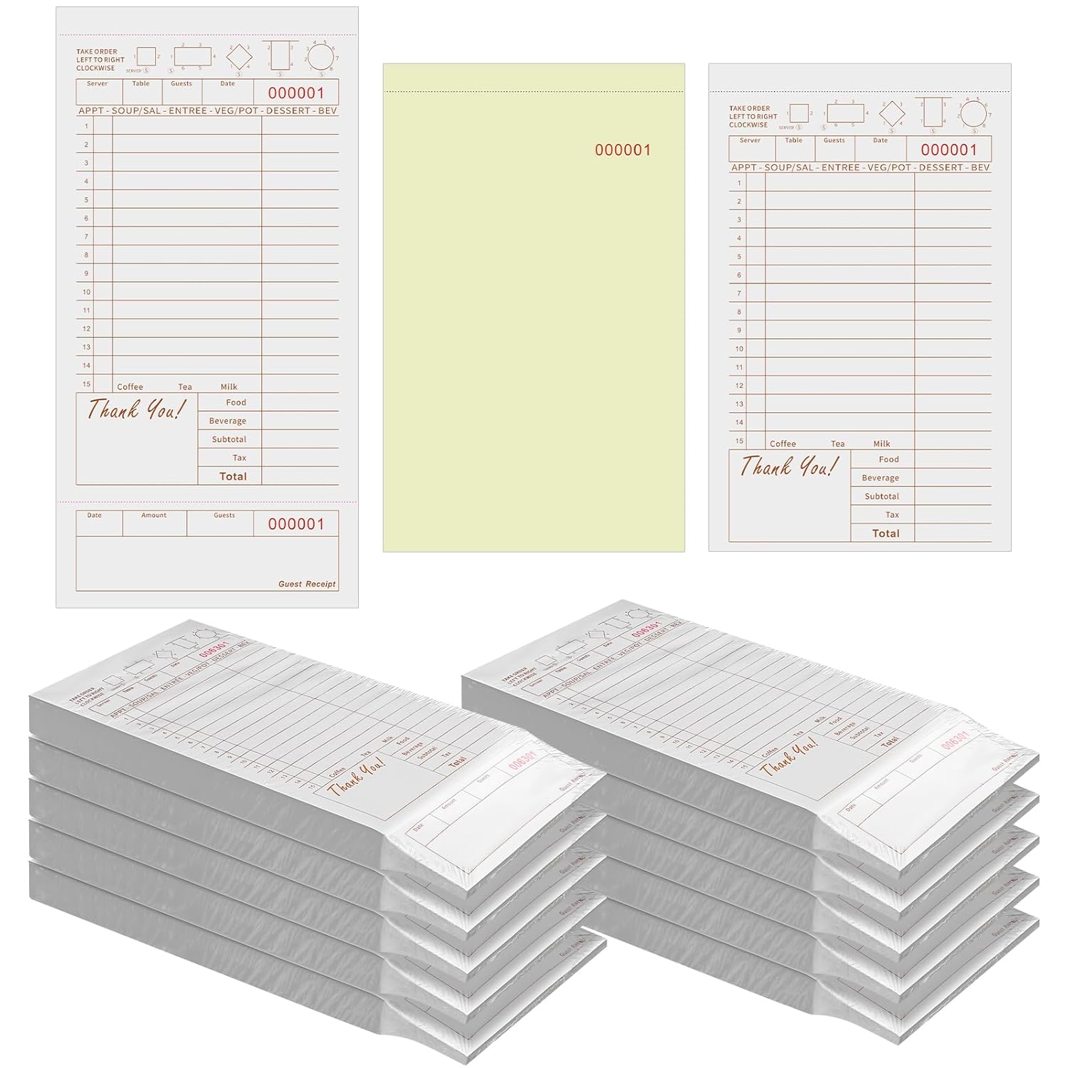 Qilery 3000 Sheets 3 Part Guest Check Pads Server Note Paper Carbonless Tan and White Guest Check Book Loose Order Pads for Servers Waiter Food Receipt for Restaurant Waitress, 10 Pcs, 100 Forms/pad