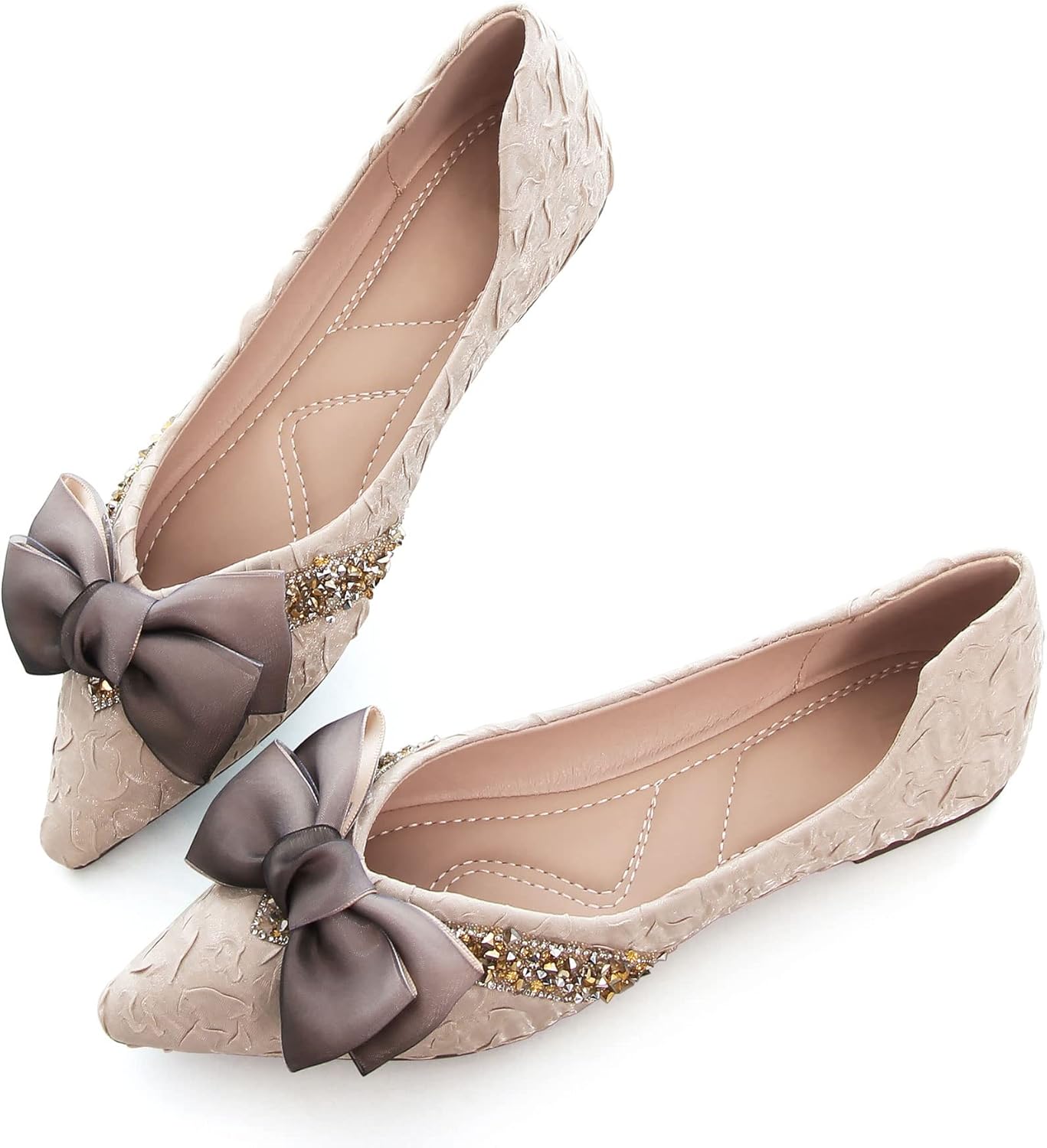 SAILING LU Bow-Knot Ballet Flats for Women Pointed Toe Crystals Wedding Shoes Comfort Light Weight Loafers