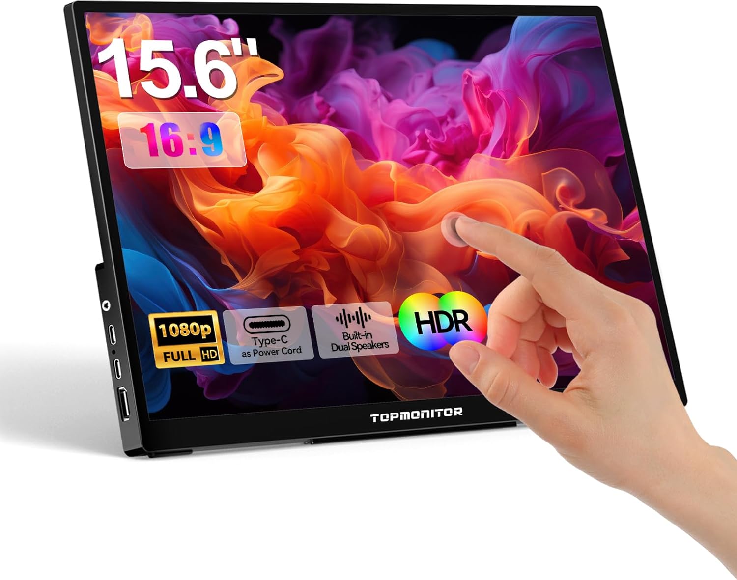 Touchscreen Portable Monitor, 15.6 inch 1080P FHD Display Screen, Game Monitor w/USB-C HDMI Ports, IPS, Full Metal Shell,10-Point Touch, Dual Speaker, HDR, for Home, Work, Design, Coding