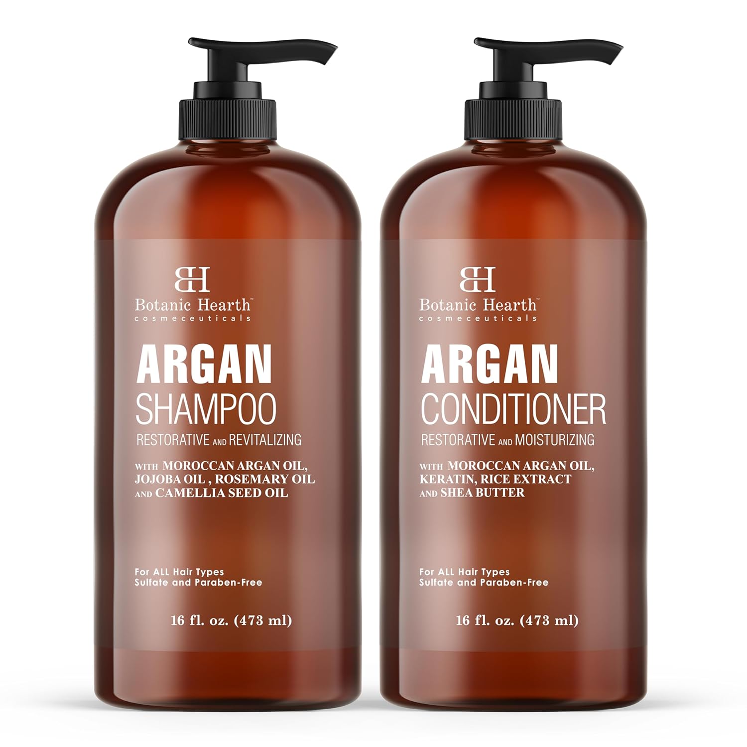 BOTANIC HEARTH Argan Oil Shampoo and Conditioner Set – 16 fl oz each with Keratin, Restorative & Moisturizing, Sulfate Free – All Hair Types & Color Treated Hair, Men and Women – (Packaging May Vary)