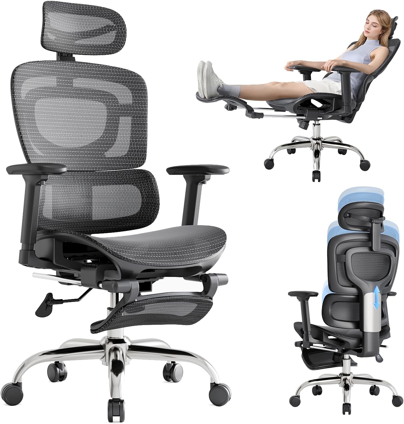 Ergonomic Office Chair, Breathable Mesh Chair with Adaptive Lumbar Support, 3D Headrest, Armrests, Retractable Footrest, and a Six-Position Adjustable Backrest, Office Desk Chair Black