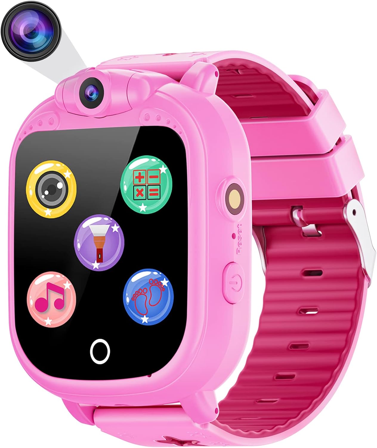 PROGRACE Kids Smart Watches with 90°Rotatable Camera Smartwatch Touch Screen Kids Watch Music Pedometer Flashlight Games Alarm Clock Digital Wrist Watch Gift for Boys Age 3-12 Years Old Boy Toys Pink