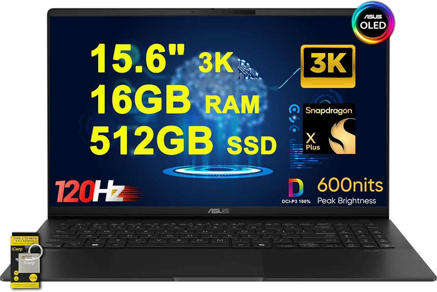 ASUS Vivobook S Copilot+ AI PC Laptop 15.6″ 3K AMOLED Display 120Hz (600nits 100% DCI-P3) Qualcomm Snapdragon X Plus 16GB RAM 512GB SSD Privacy Camera WiFi 7 Win11 w/ICP Accessory