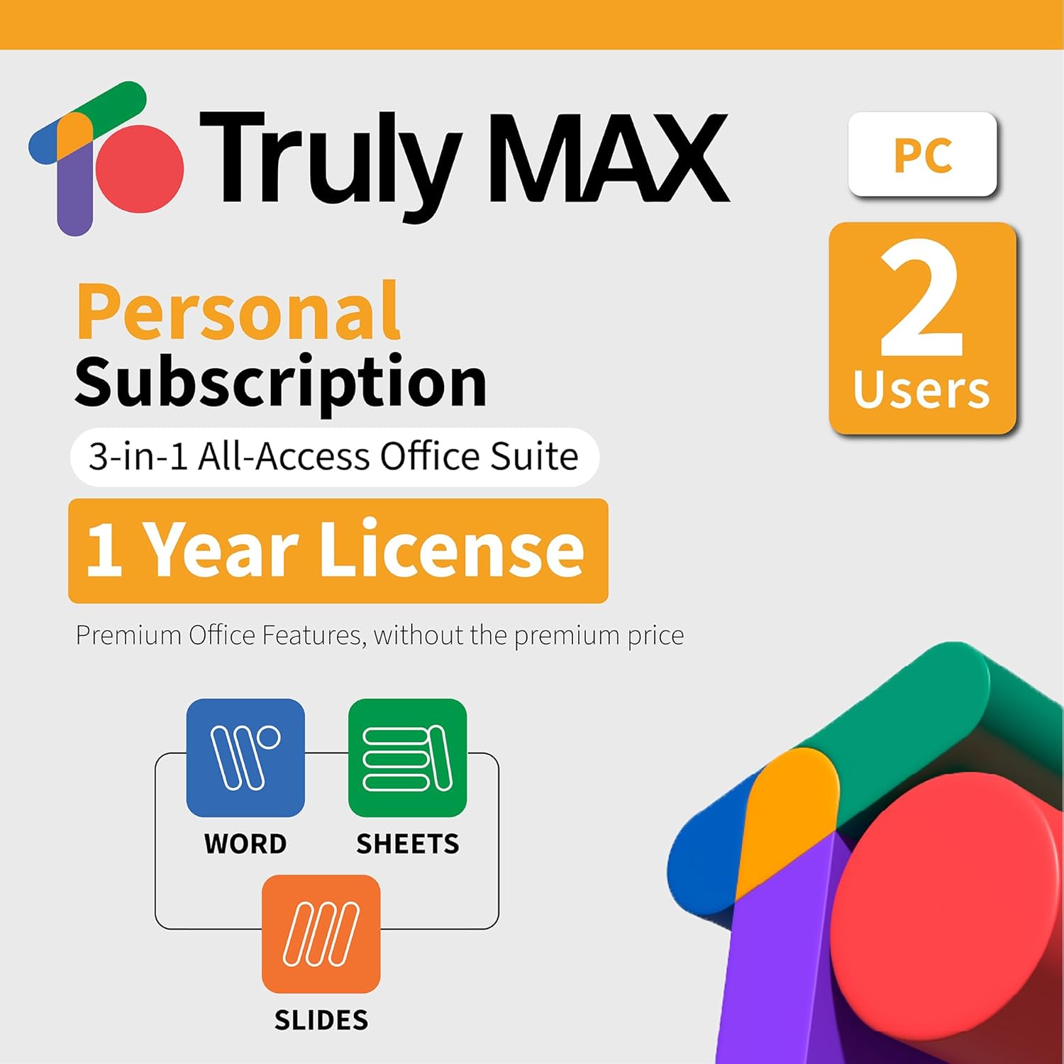 TrulyOffice Truly Max Personal License for Window | 1-year Subscription | 3 in 1 All Access Office Suite | Words, Sheets, Slides, and Cloud | 2 Users